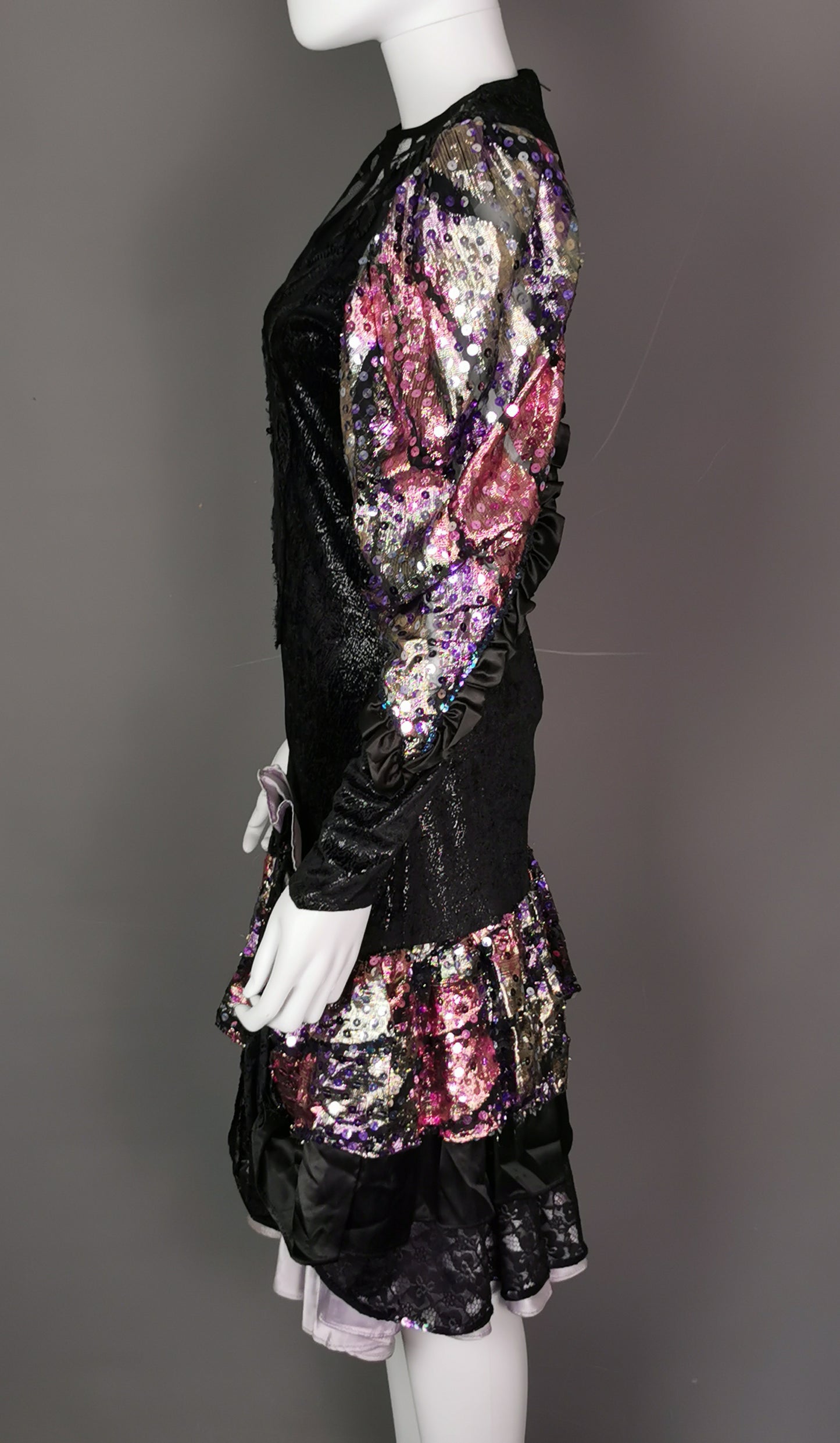 Vintage 1980s French cocktail dress, sequin, lace, wet look
