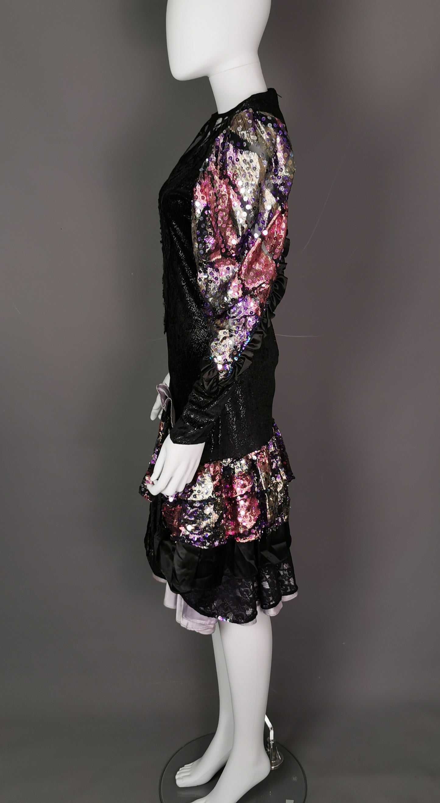 Vintage 1980s French cocktail dress, sequin, lace, wet look