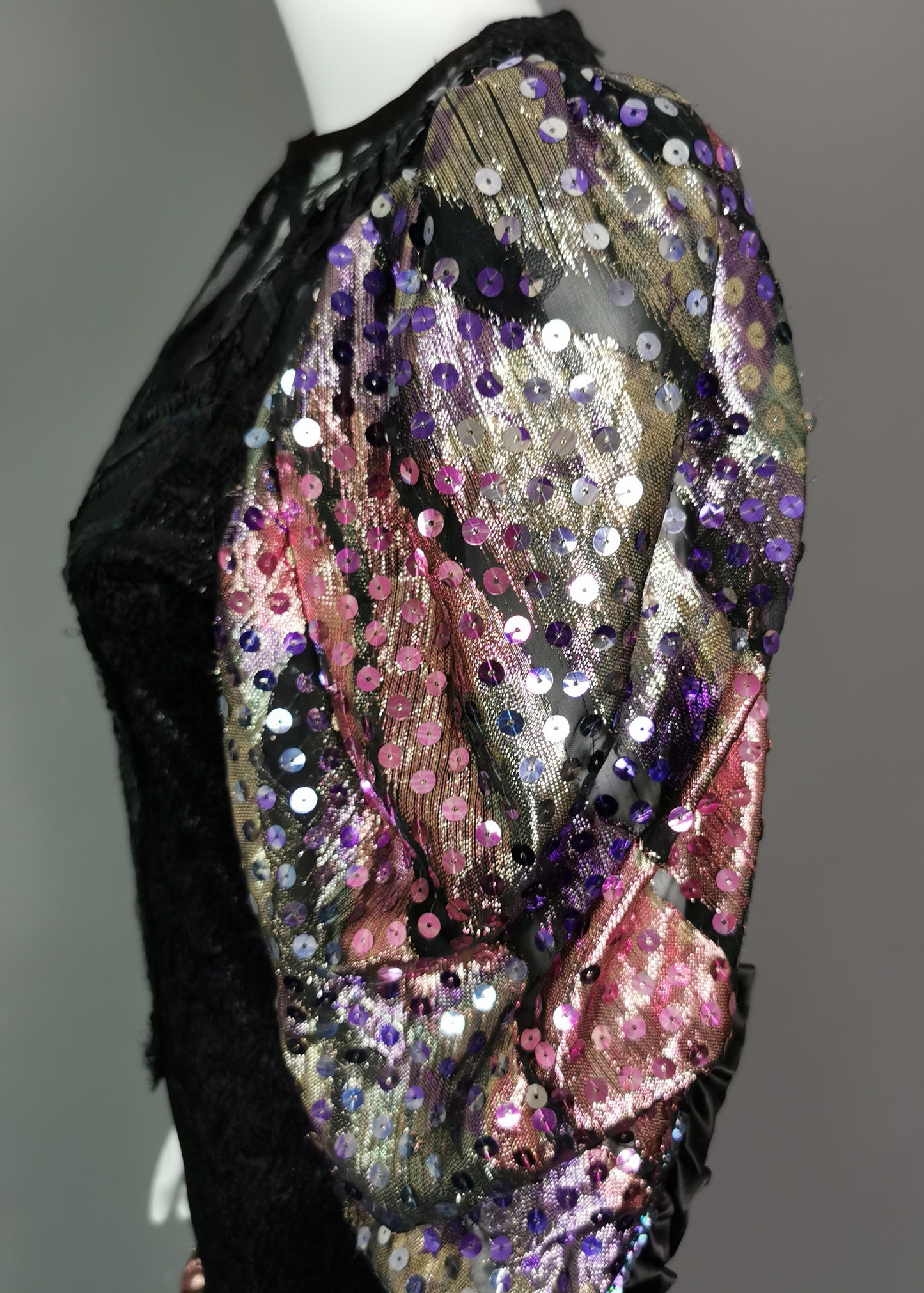 Vintage 1980s French cocktail dress, sequin, lace, wet look