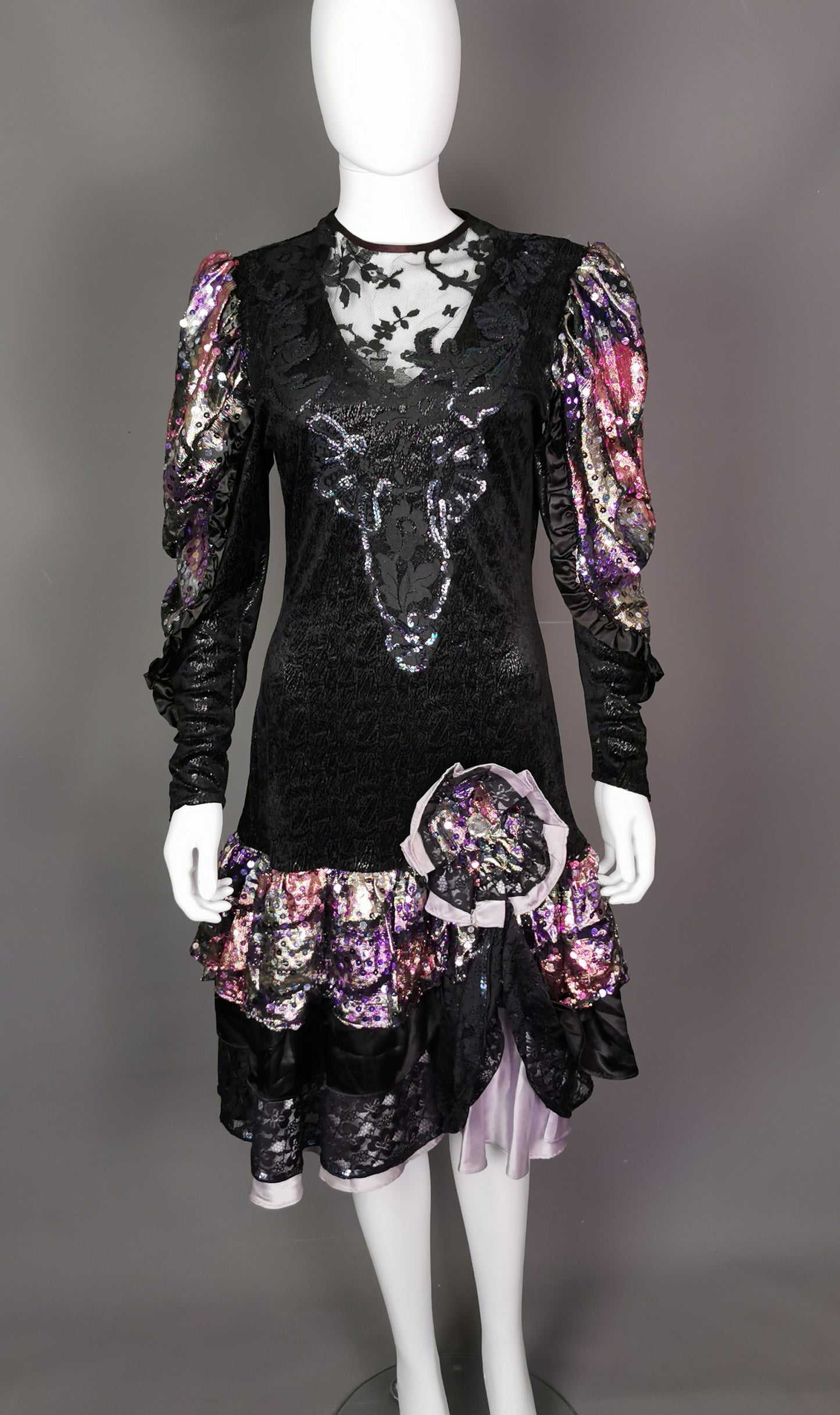 Vintage 1980s French cocktail dress, sequin, lace, wet look