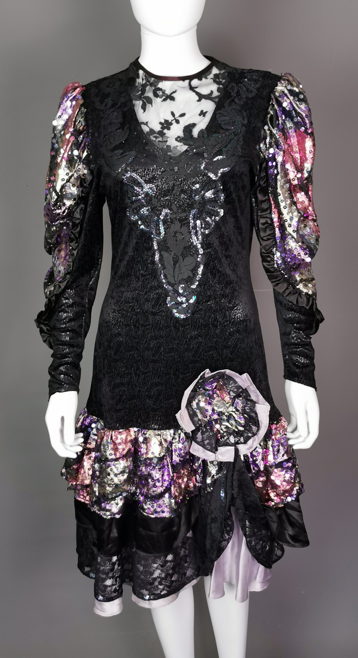 Vintage 1980s French cocktail dress, sequin, lace, wet look