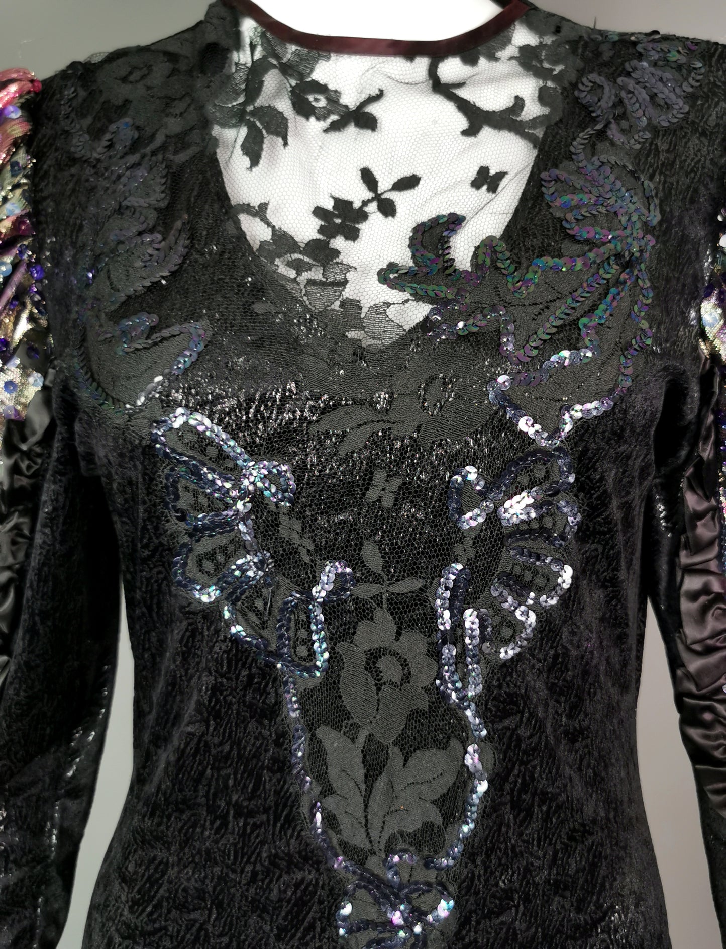 Vintage 1980s French cocktail dress, sequin, lace, wet look