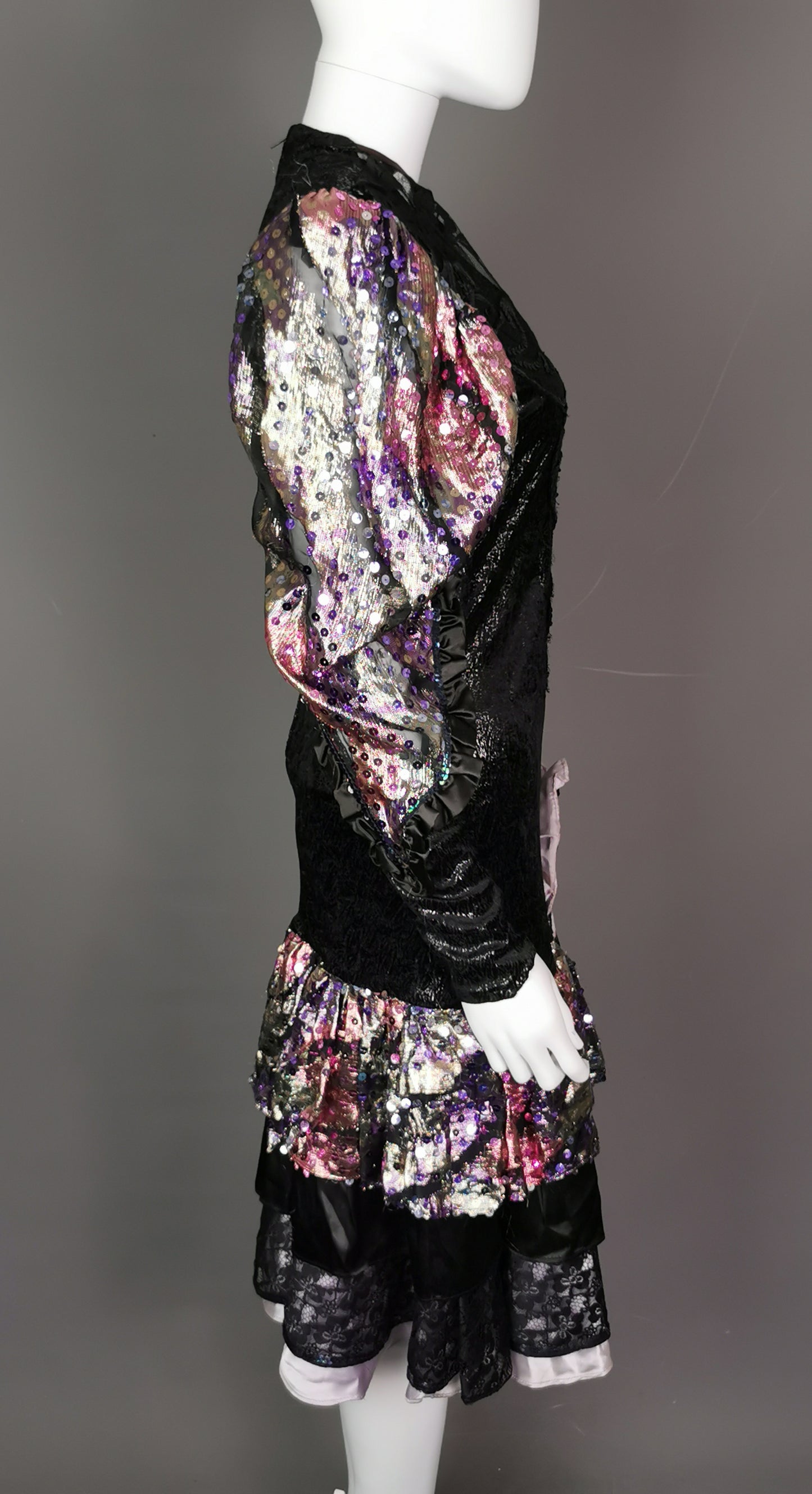 Vintage 1980s French cocktail dress, sequin, lace, wet look