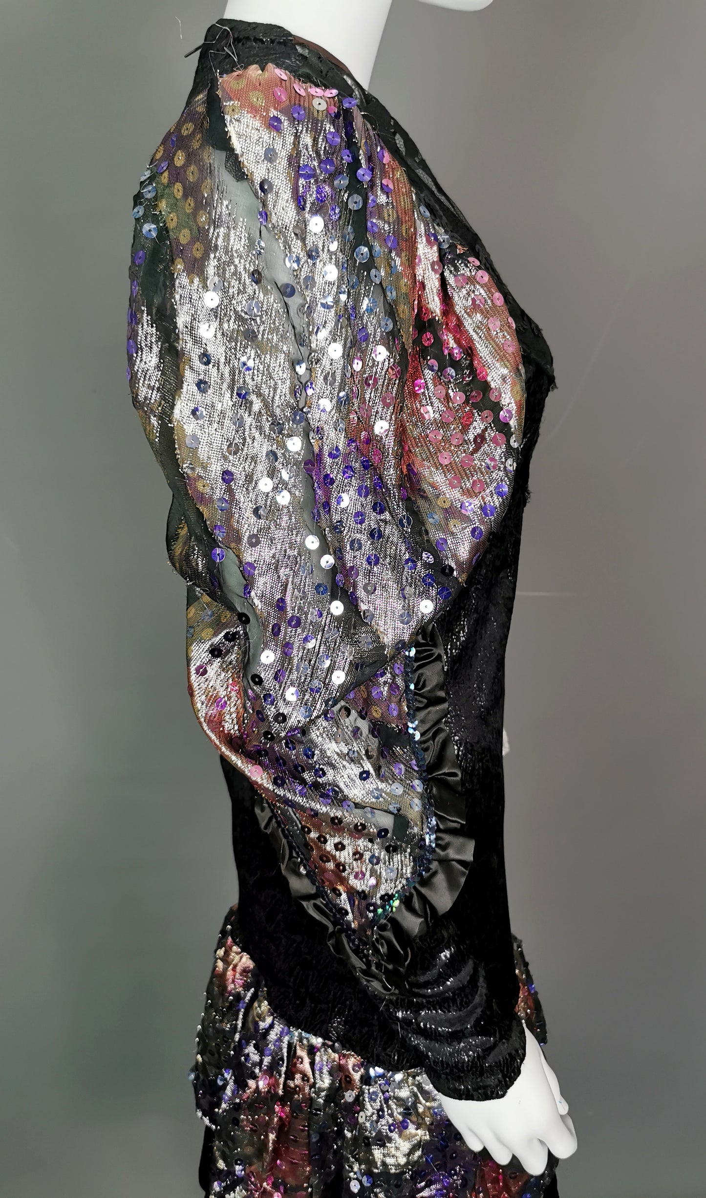 Vintage 1980s French cocktail dress, sequin, lace, wet look