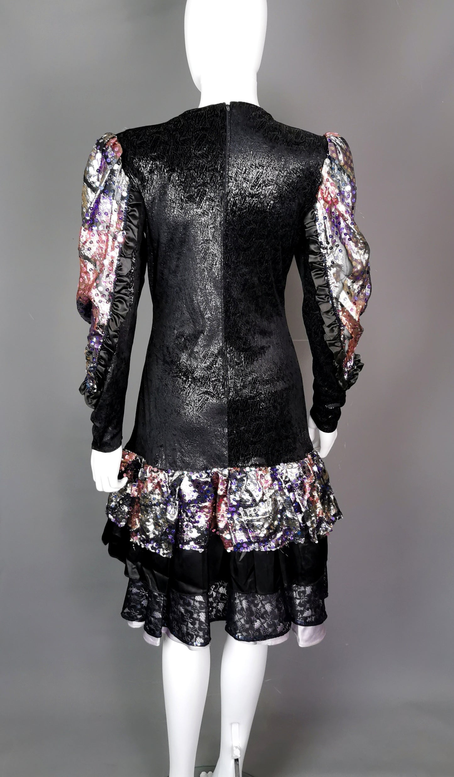 Vintage 1980s French cocktail dress, sequin, lace, wet look
