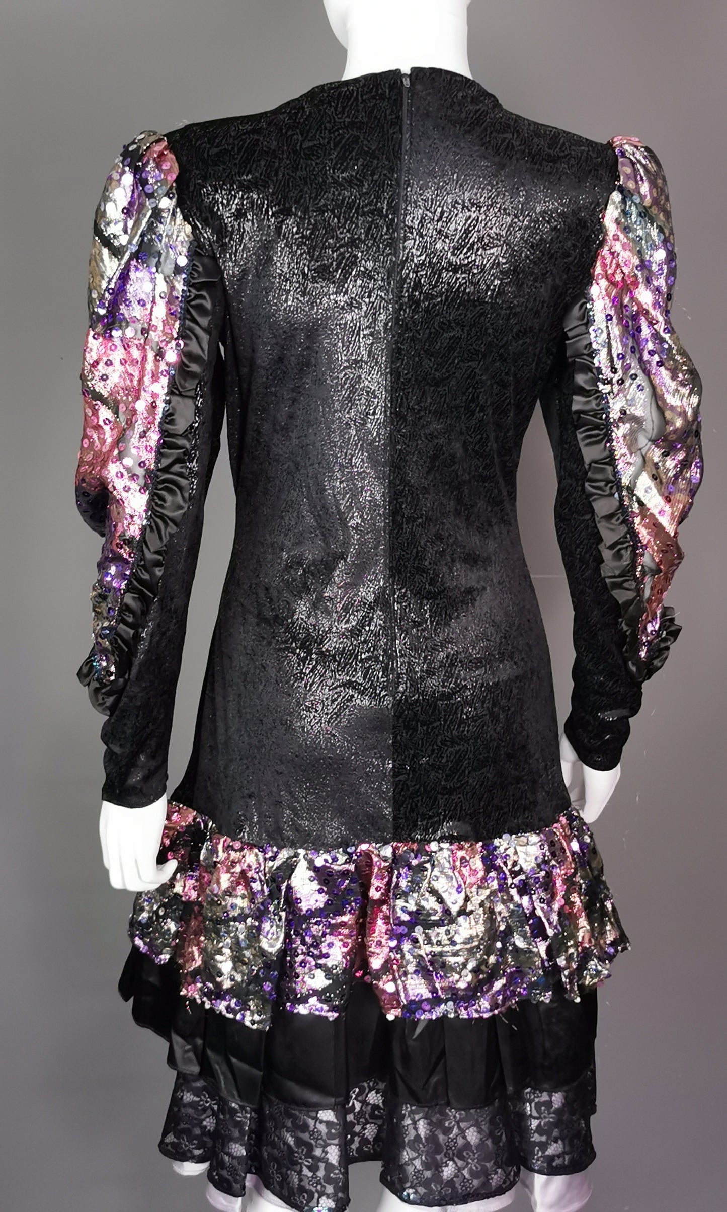 Vintage 1980s French cocktail dress, sequin, lace, wet look