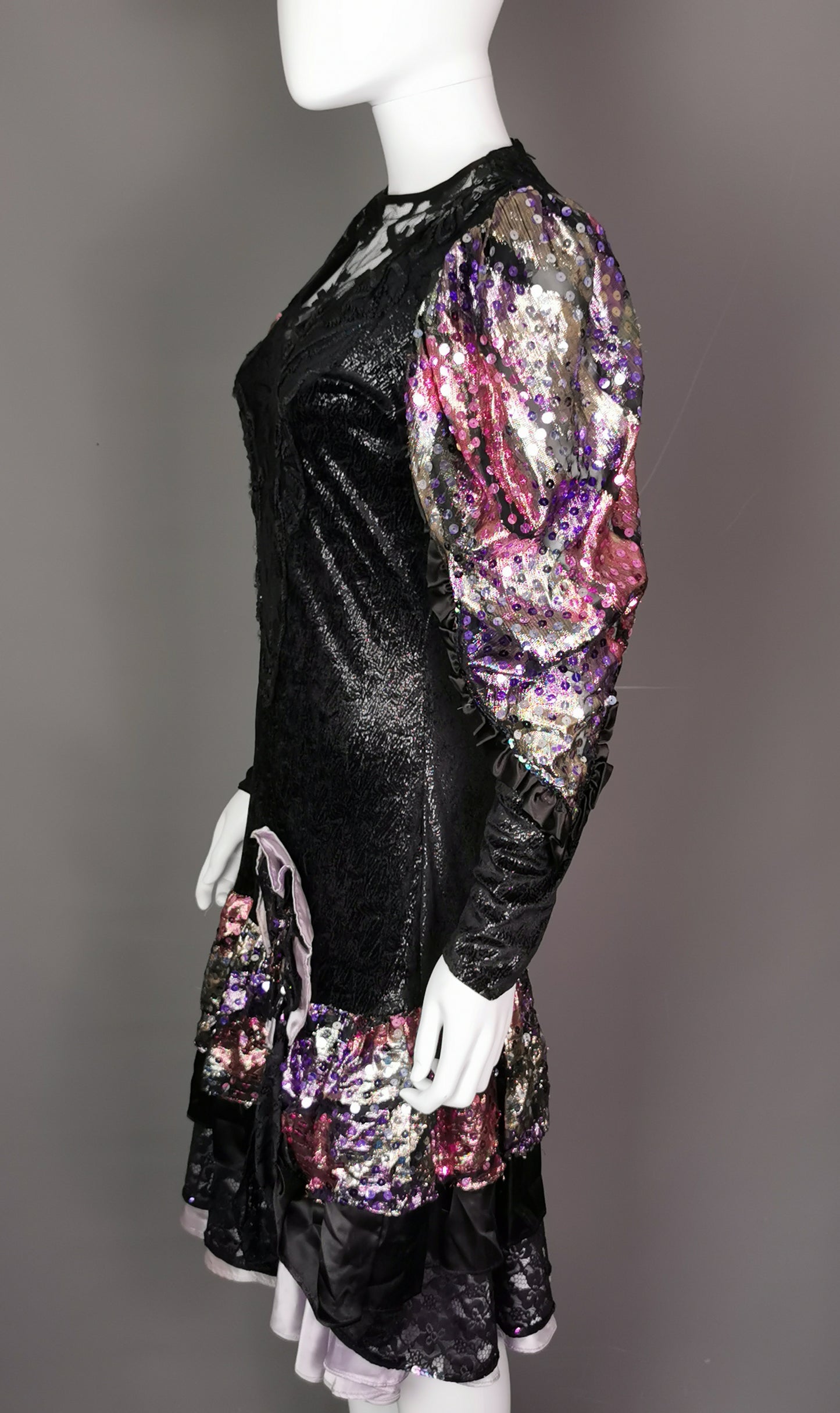 Vintage 1980s French cocktail dress, sequin, lace, wet look