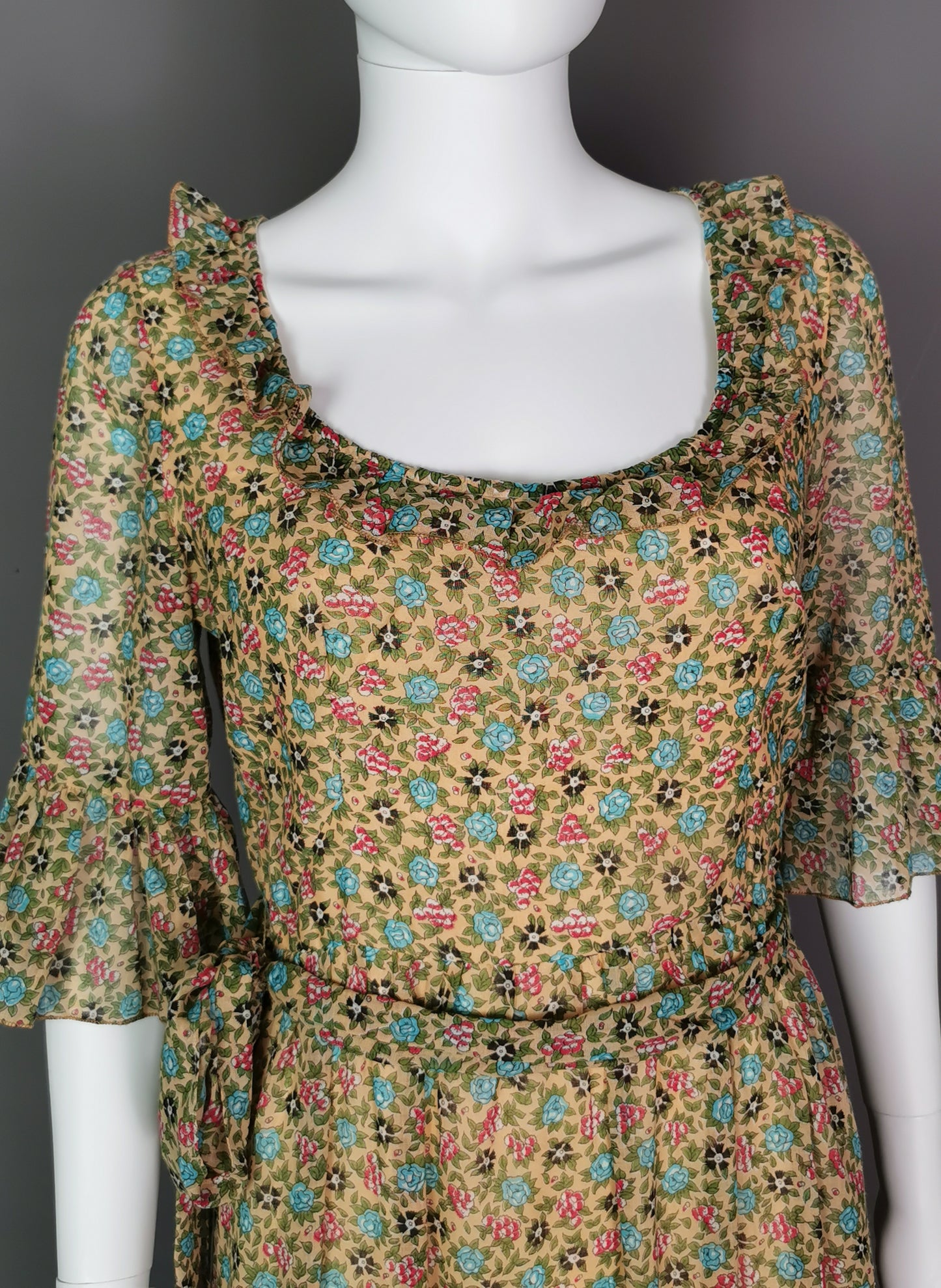 Vintage 1970s floral maxi dress, Boho, frill hem