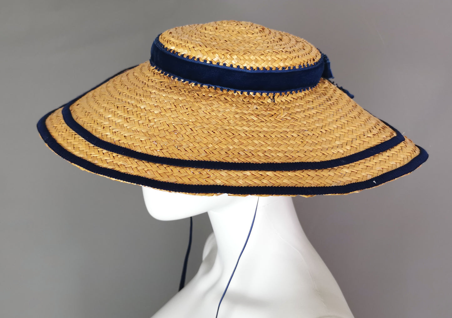 Vintage c1940s wide brim straw tilt hat, Harrods