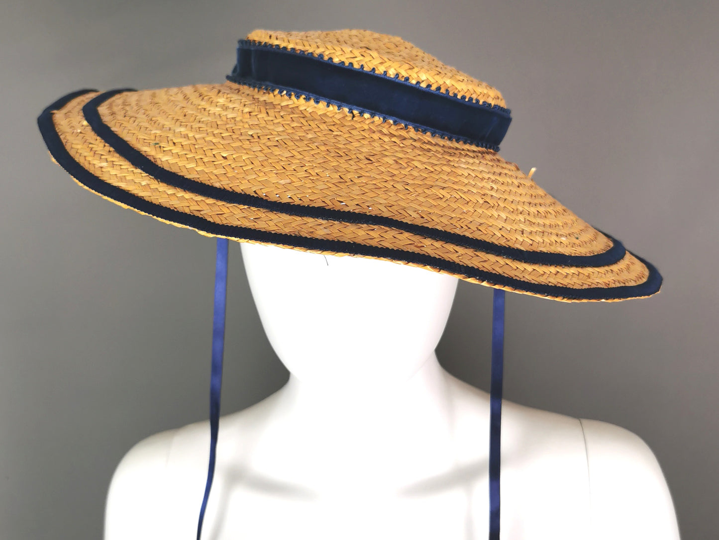 Vintage c1940s wide brim straw tilt hat, Harrods