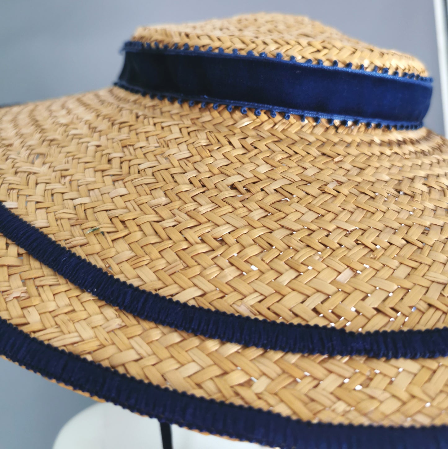 Vintage c1940s wide brim straw tilt hat, Harrods
