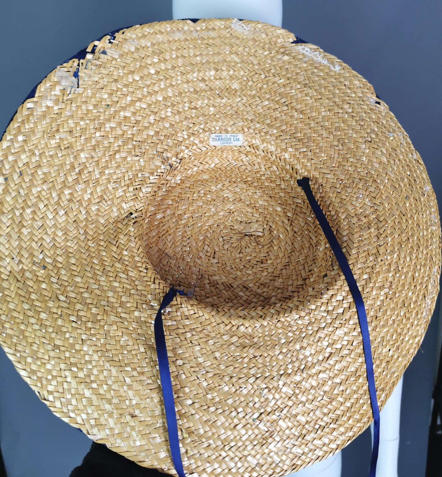 Vintage c1940s wide brim straw tilt hat, Harrods