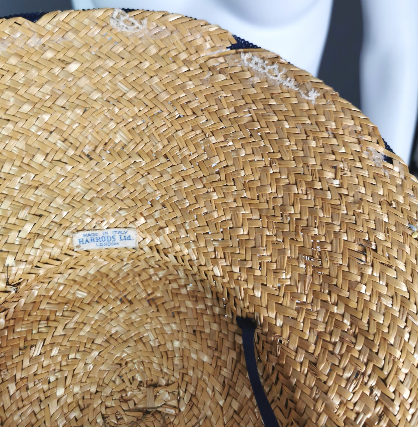 Vintage c1940s wide brim straw tilt hat, Harrods