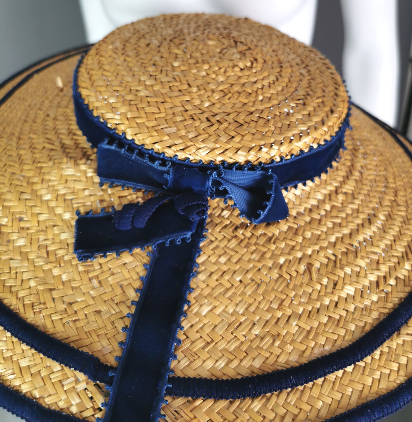 Vintage c1940s wide brim straw tilt hat, Harrods