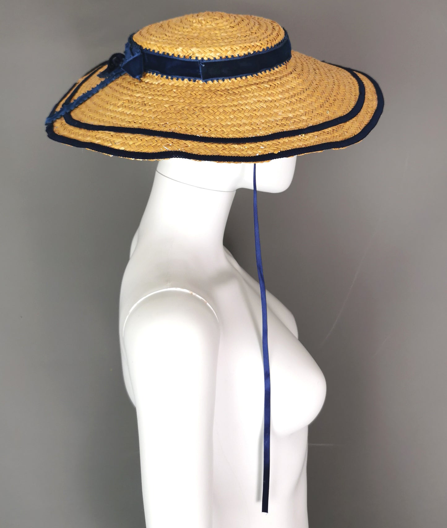Vintage c1940s wide brim straw tilt hat, Harrods