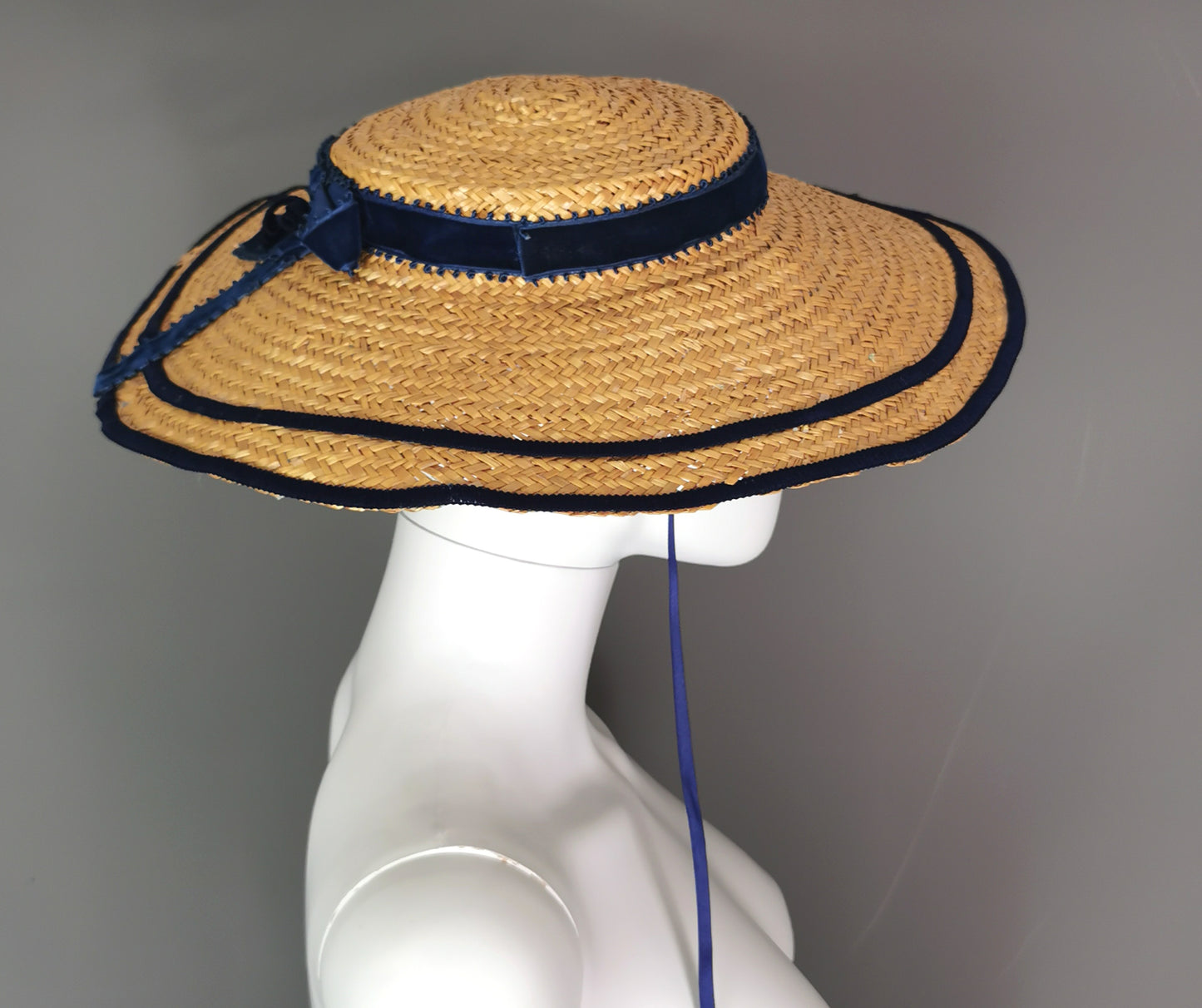 Vintage c1940s wide brim straw tilt hat, Harrods