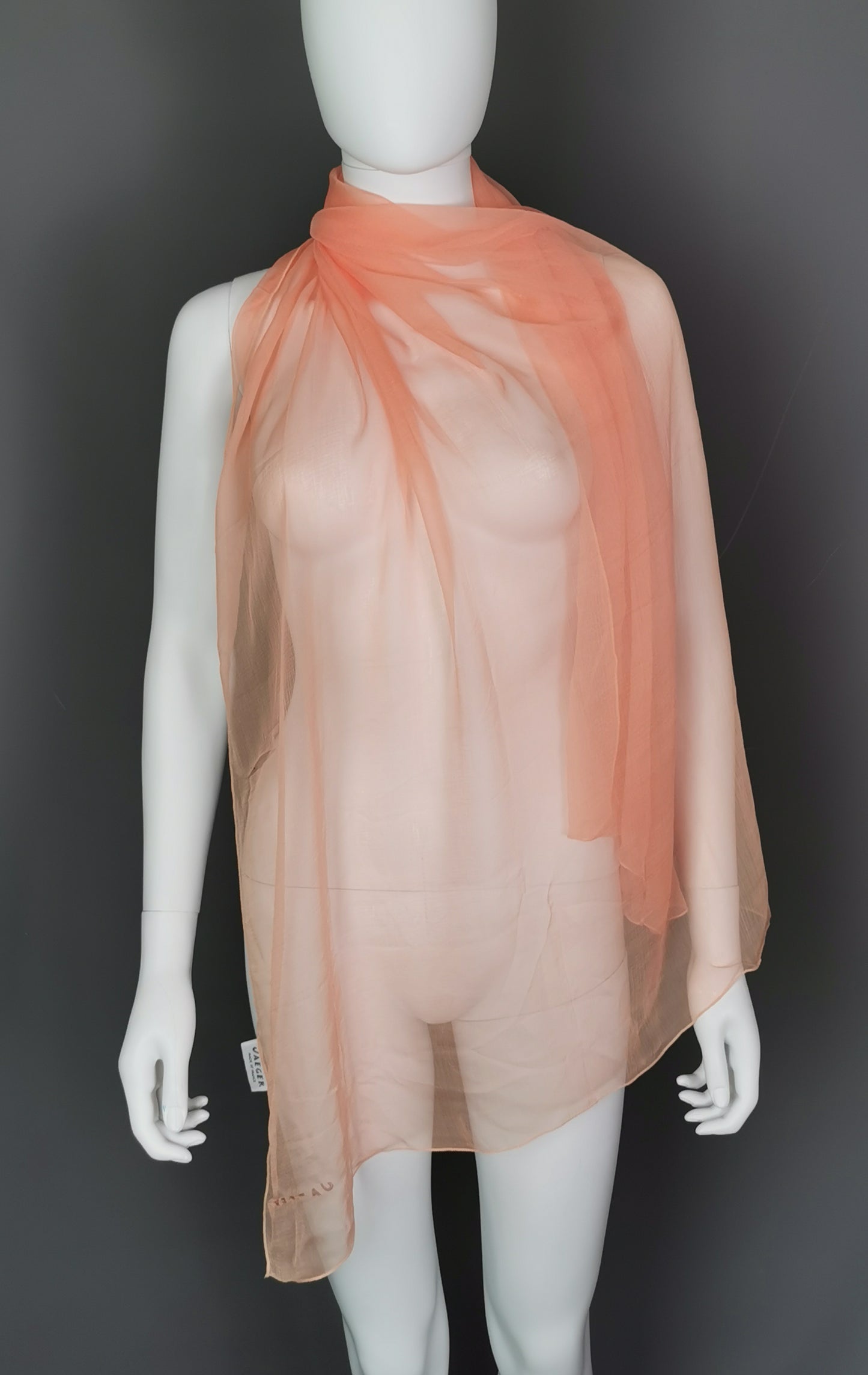 Vintage Jaeger peach silk chiffon scarf, long length