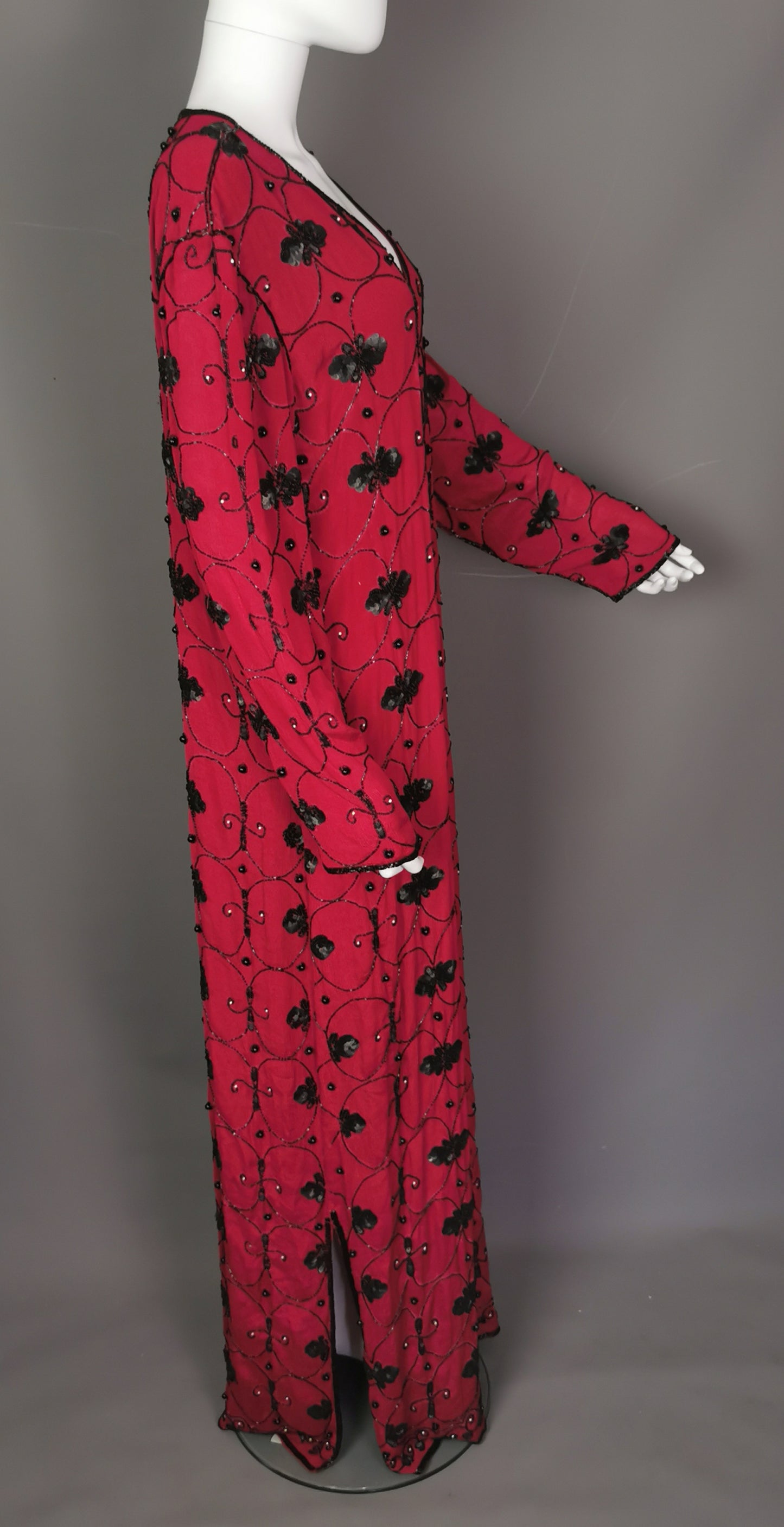 Vintage YSL Rive Gauche beaded sequin maxi dress, Red crepe silk