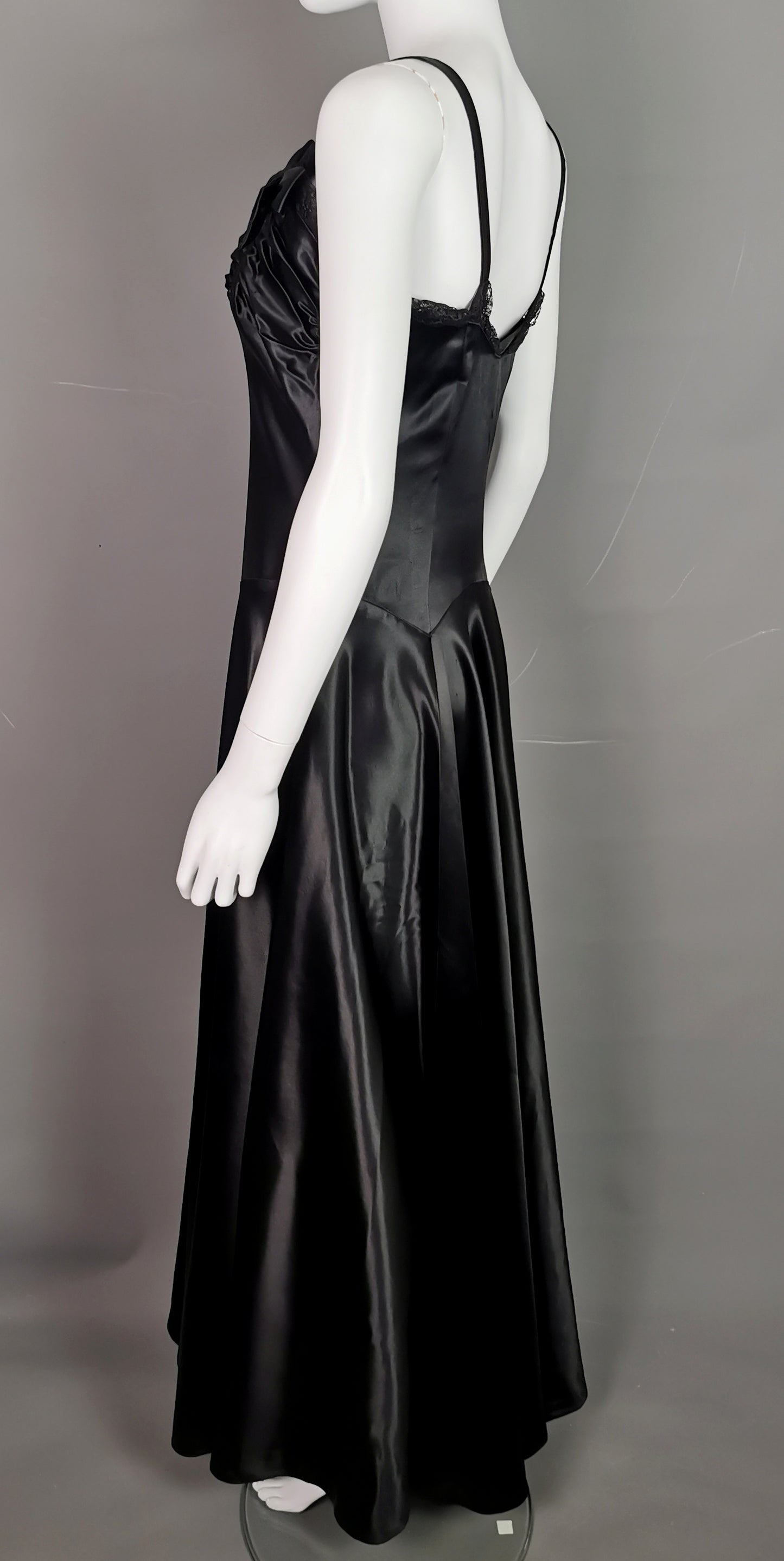 Vintage 1940s Black liquid satin bombshell dress, Evening gown