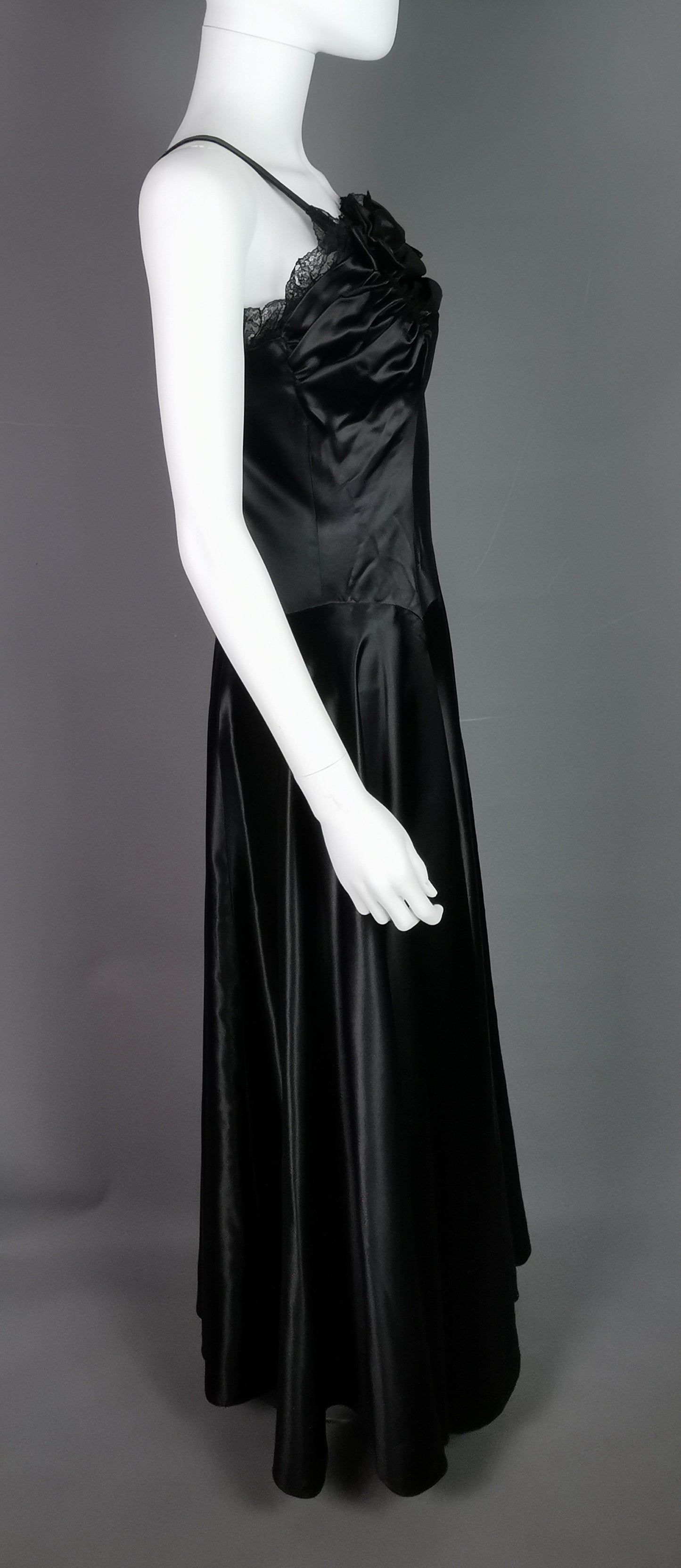Vintage 1940s Black liquid satin bombshell dress, Evening gown