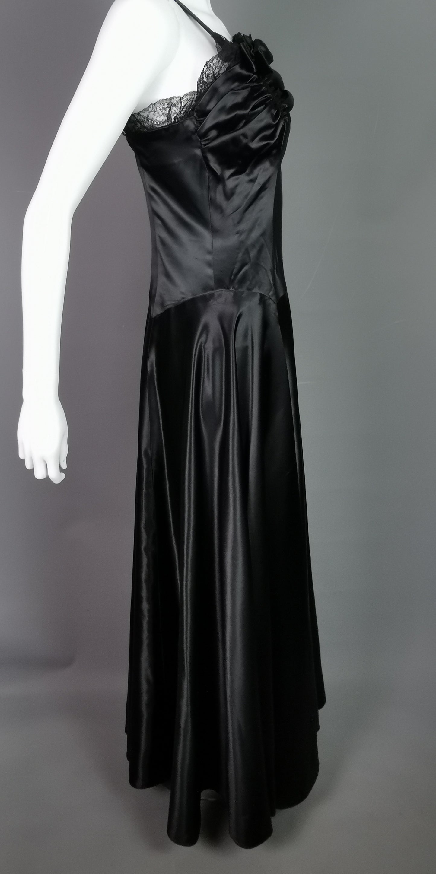 Vintage 1940s Black liquid satin bombshell dress, Evening gown