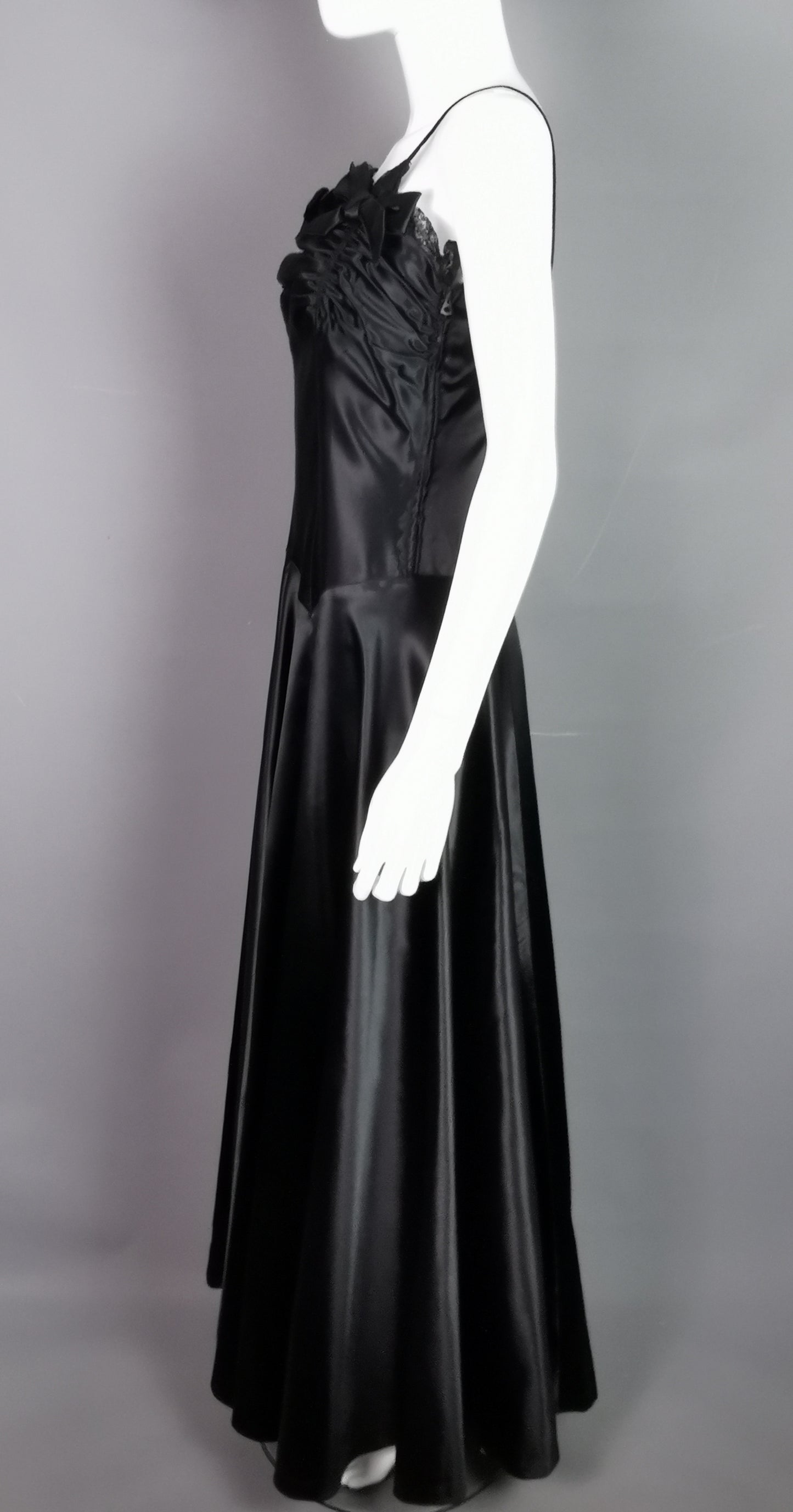 Vintage 1940s Black liquid satin bombshell dress, Evening gown