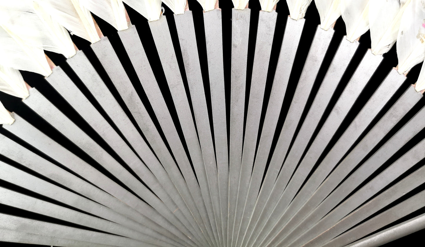 Antique Chinese feather hand fan, Birds and Blossom