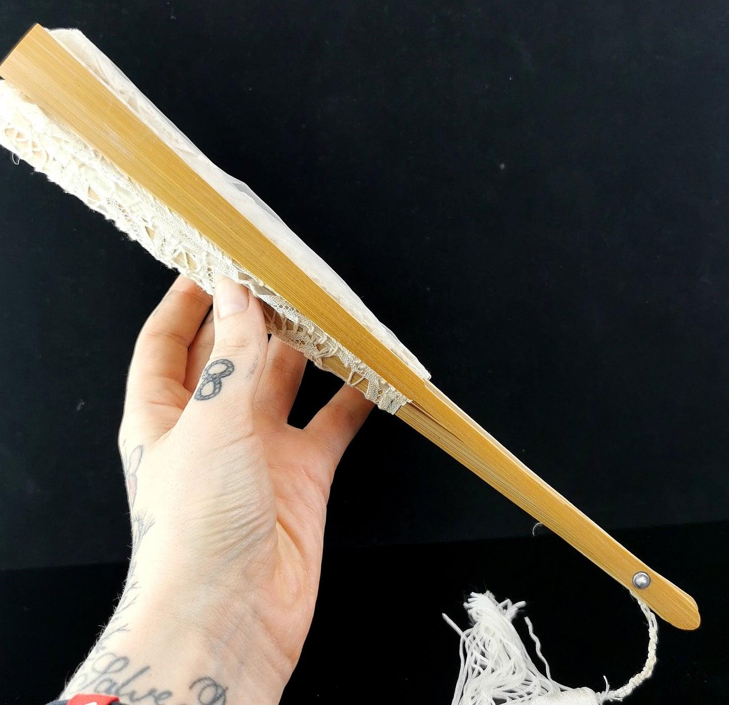 Vintage lace and wood hand fan, large