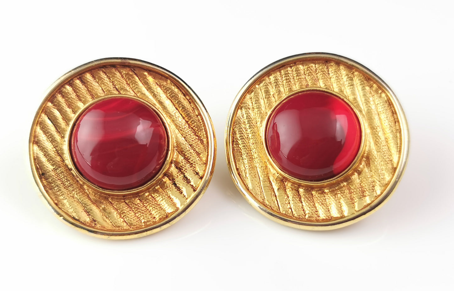 Vintage 80s French clip on earrings, Gold tone, Faux agate, Antigona Paris