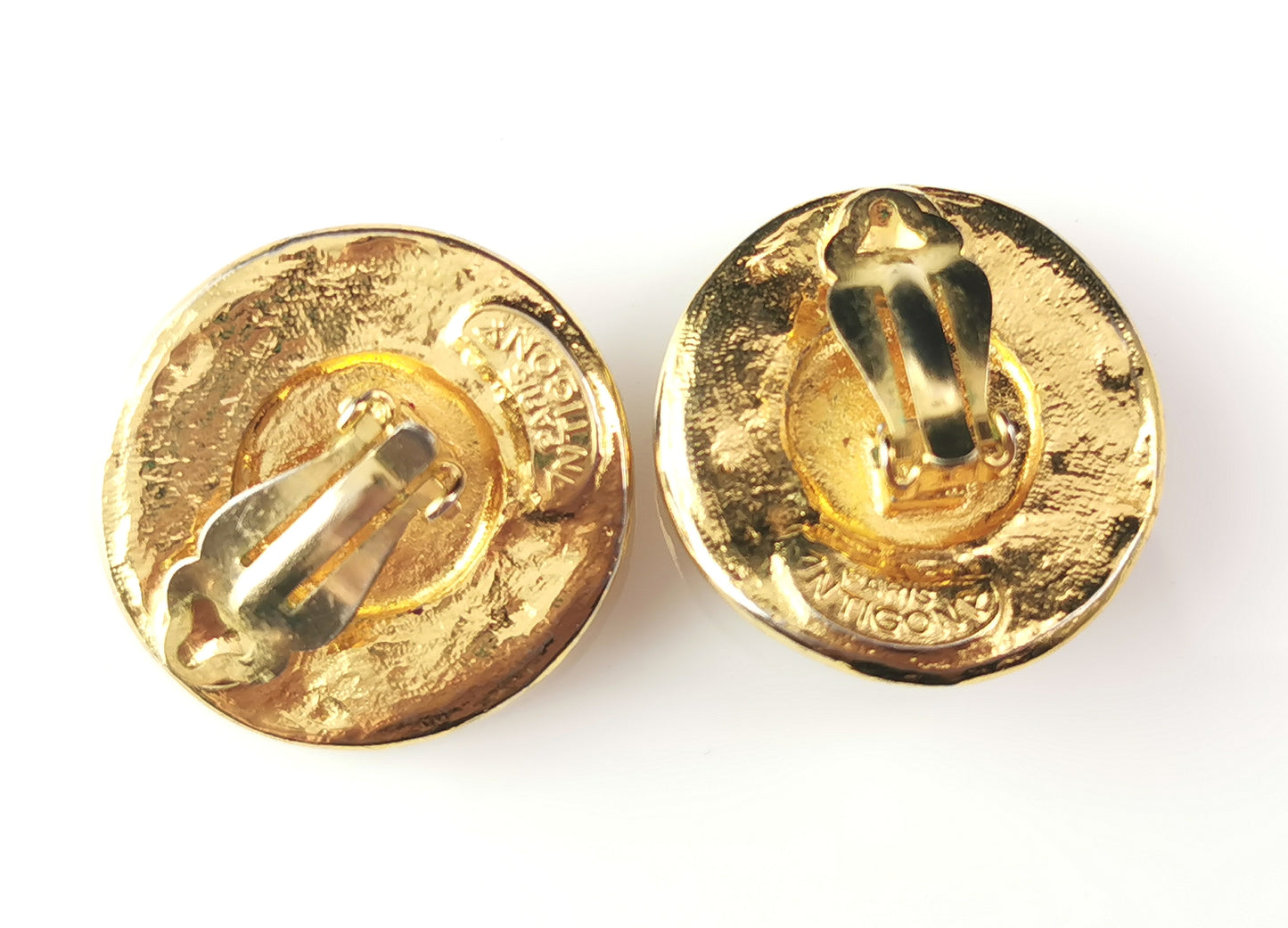 Vintage 80s French clip on earrings, Gold tone, Faux agate, Antigona Paris