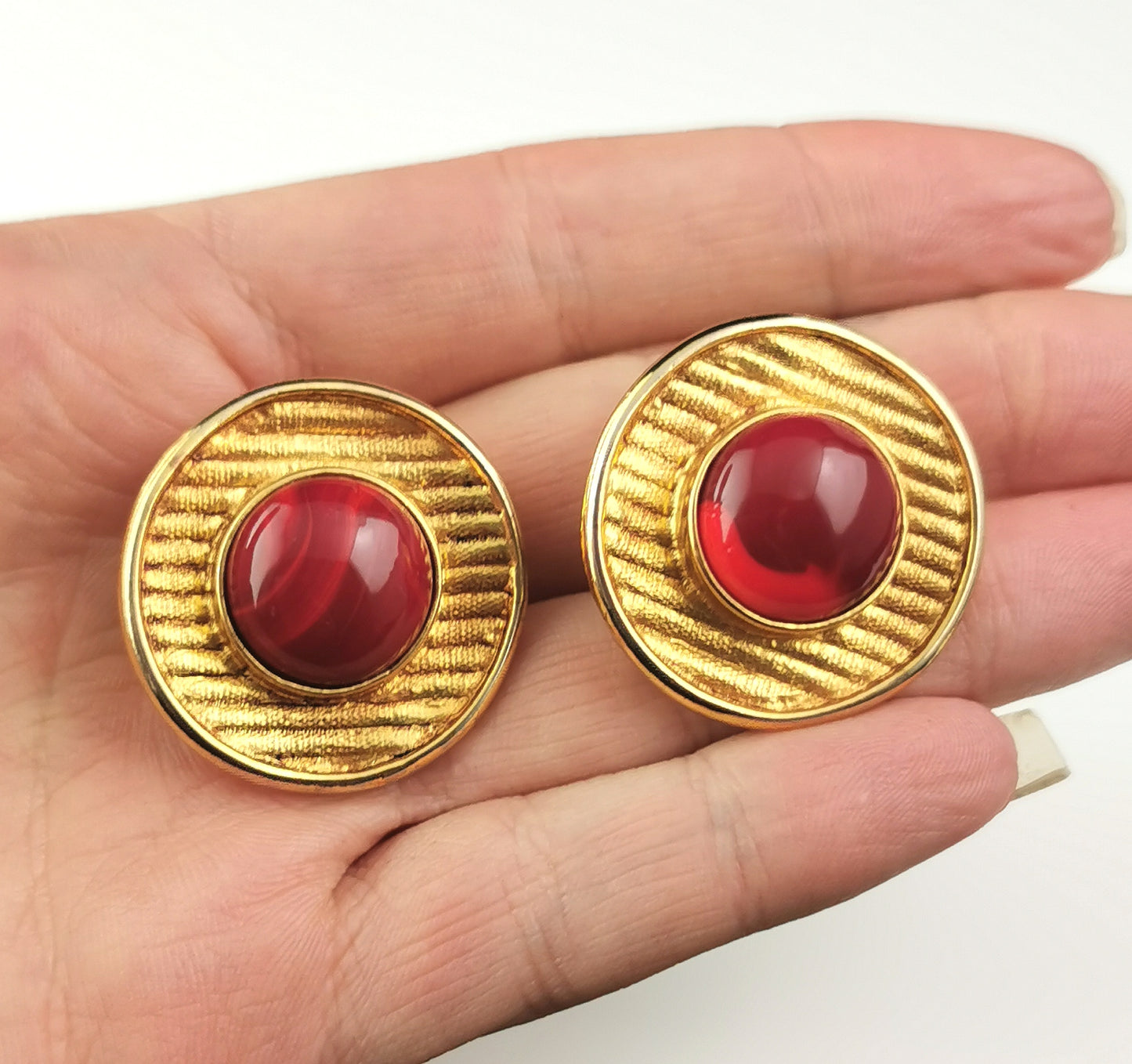 Vintage 80s French clip on earrings, Gold tone, Faux agate, Antigona Paris