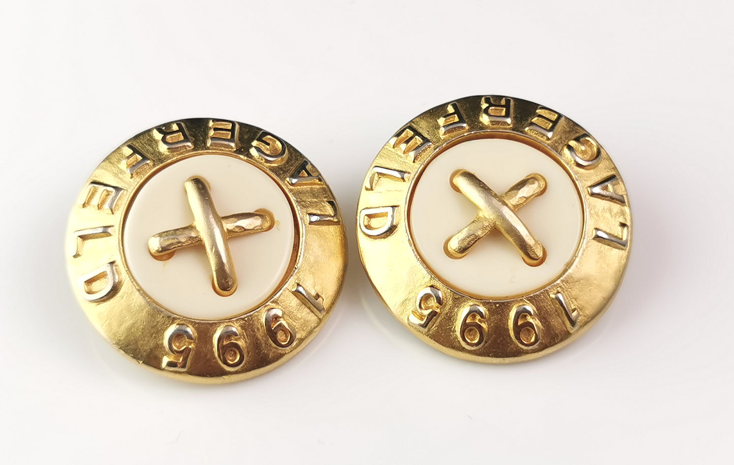 Vintage Karl Lagerfeld clip on earrings, Logo, gold tone