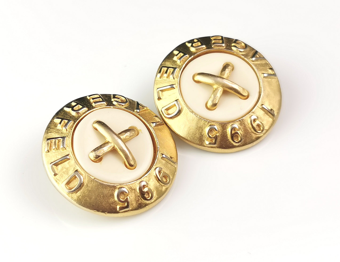 Vintage Karl Lagerfeld clip on earrings, Logo, gold tone