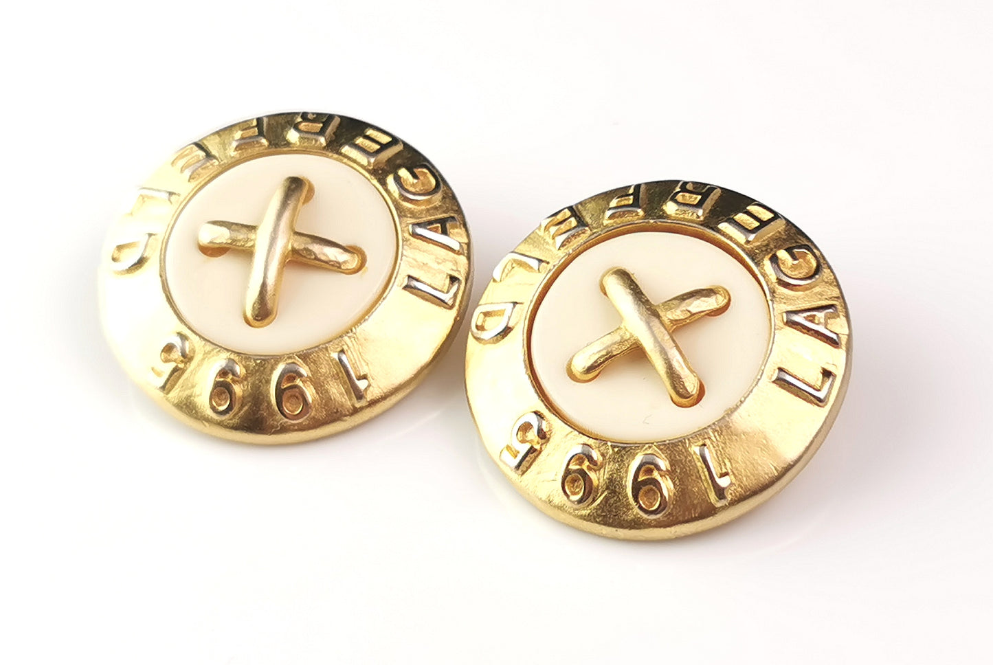 Vintage Karl Lagerfeld clip on earrings, Logo, gold tone