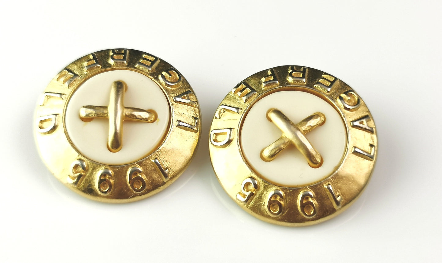 Vintage Karl Lagerfeld clip on earrings, Logo, gold tone