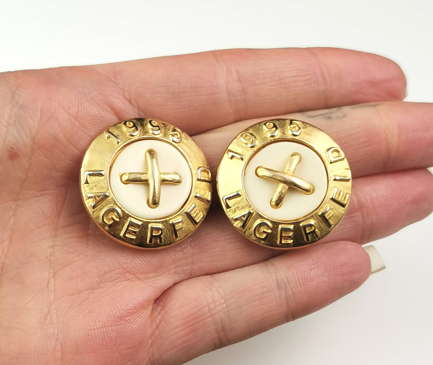 Vintage Karl Lagerfeld clip on earrings, Logo, gold tone