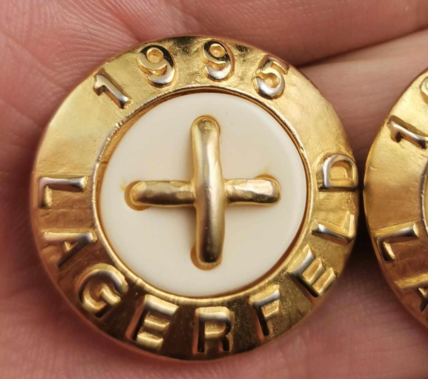 Vintage Karl Lagerfeld clip on earrings, Logo, gold tone