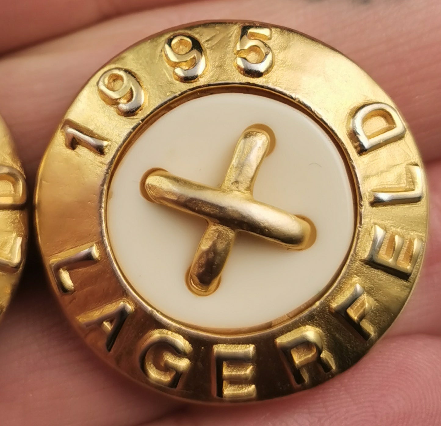 Vintage Karl Lagerfeld clip on earrings, Logo, gold tone