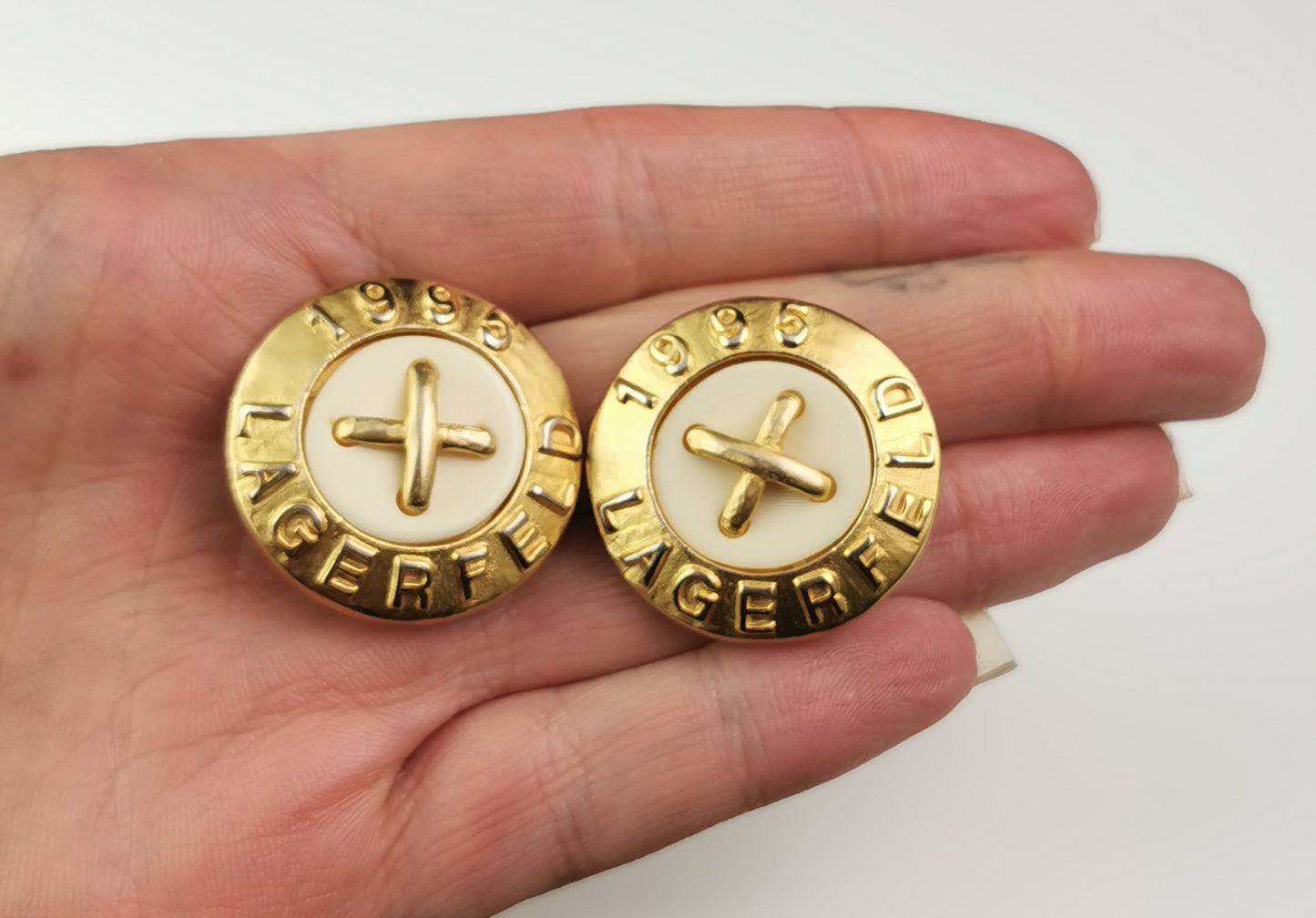 Vintage Karl Lagerfeld clip on earrings, Logo, gold tone