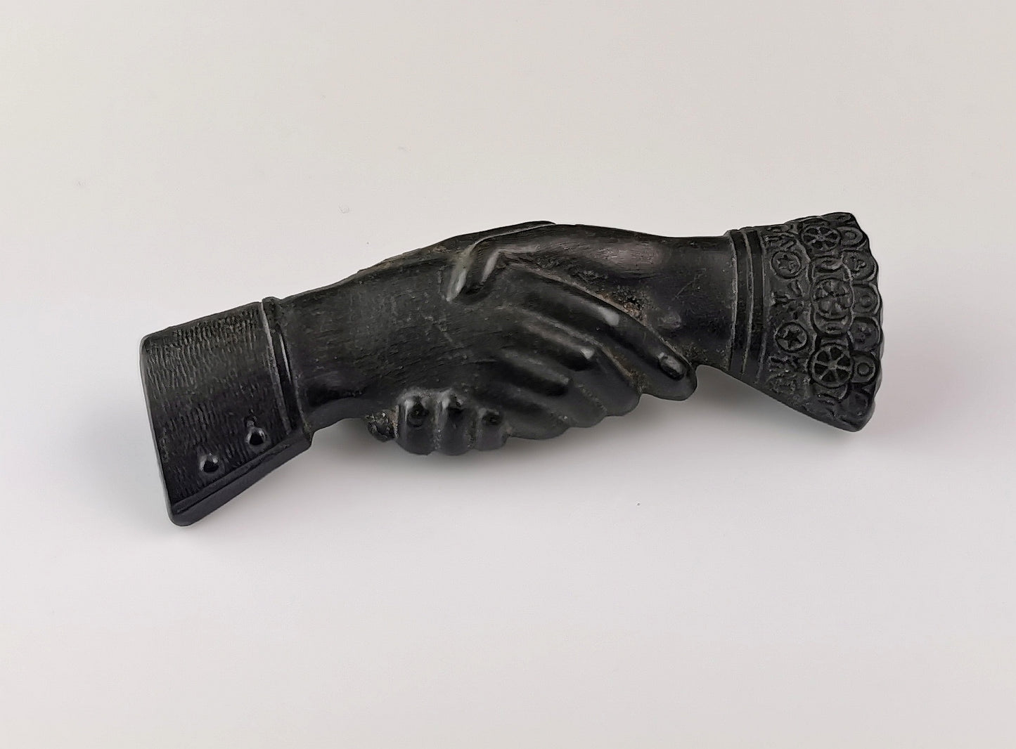 Antique Victorian clasped hands brooch, Bog oak