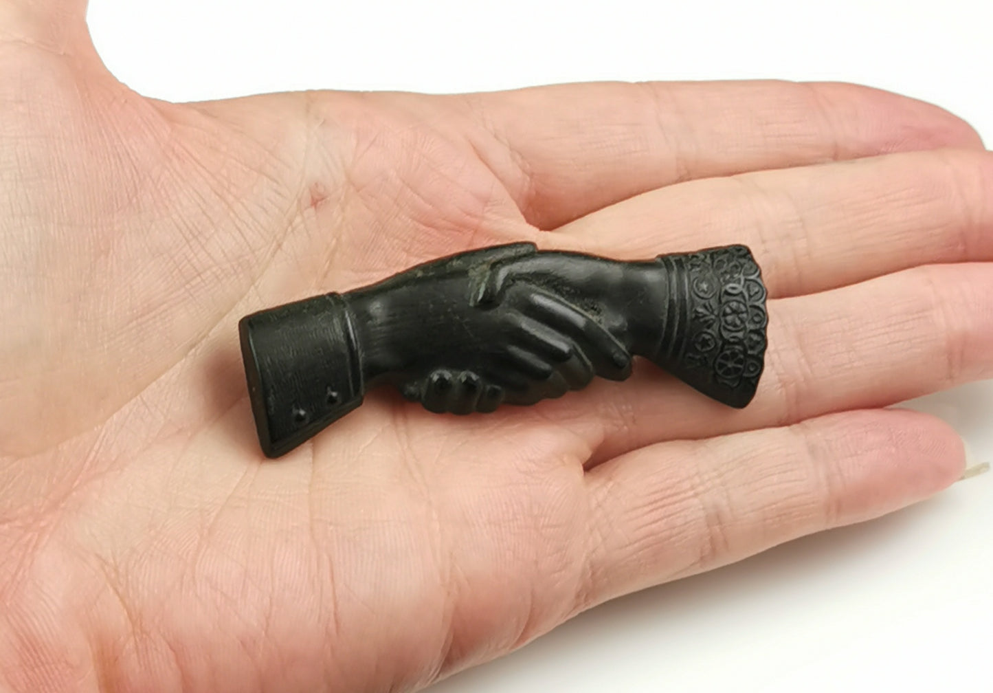 Antique Victorian clasped hands brooch, Bog oak