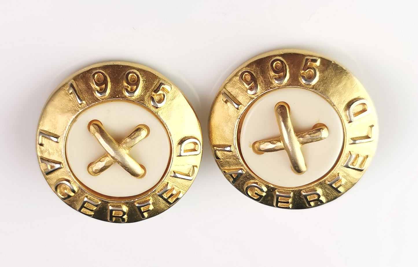 Vintage Karl Lagerfeld clip on earrings, Logo, gold tone