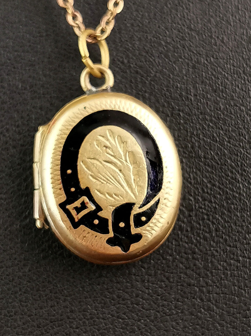 Antique Gold plated mourning locket, Black enamel, necklace