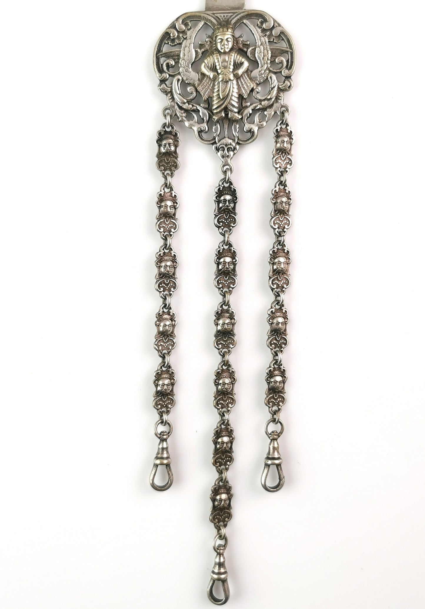 Antique silver plated chatelaine, Buddhist Deities, Victorian
