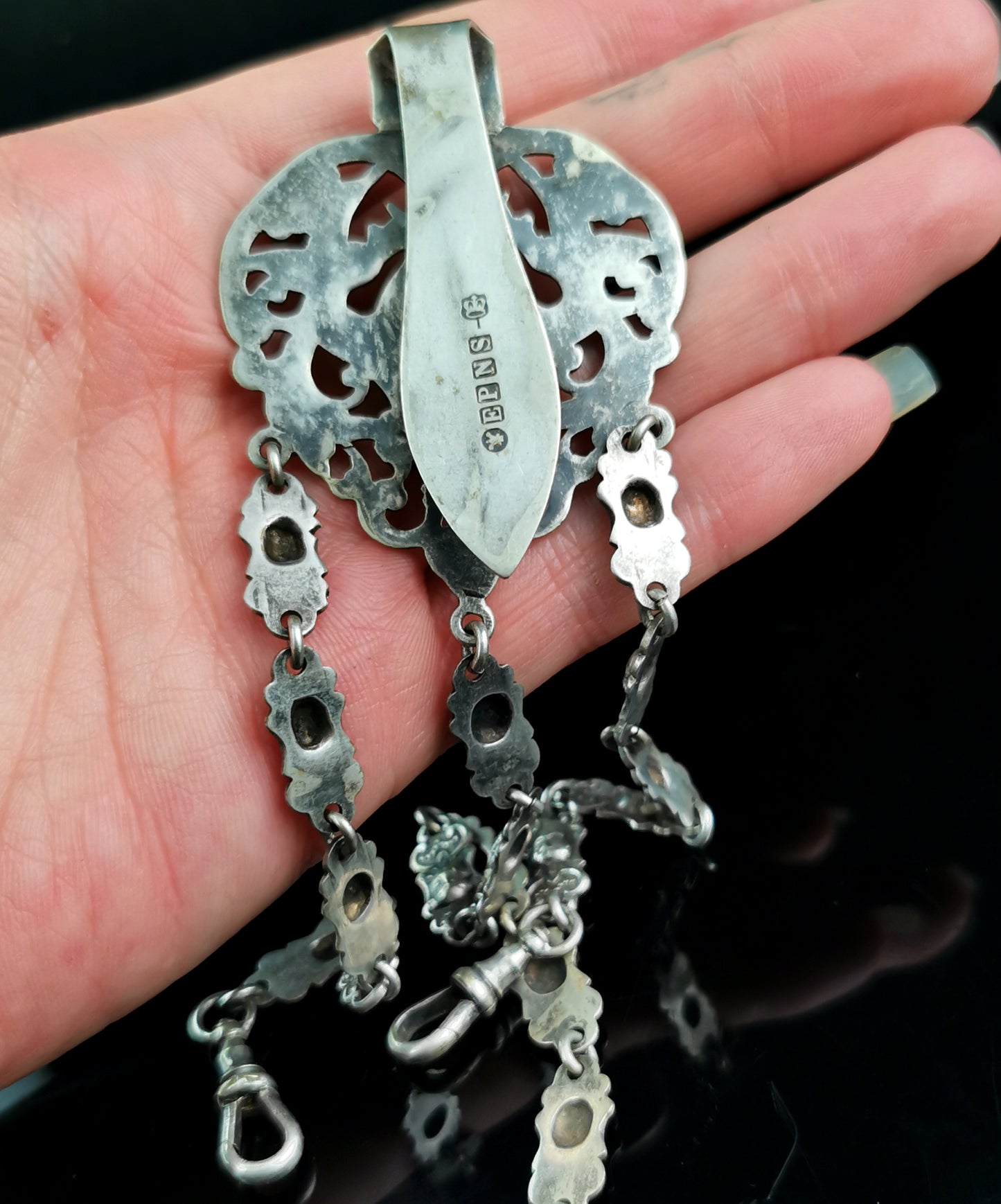 Antique silver plated chatelaine, Buddhist Deities, Victorian