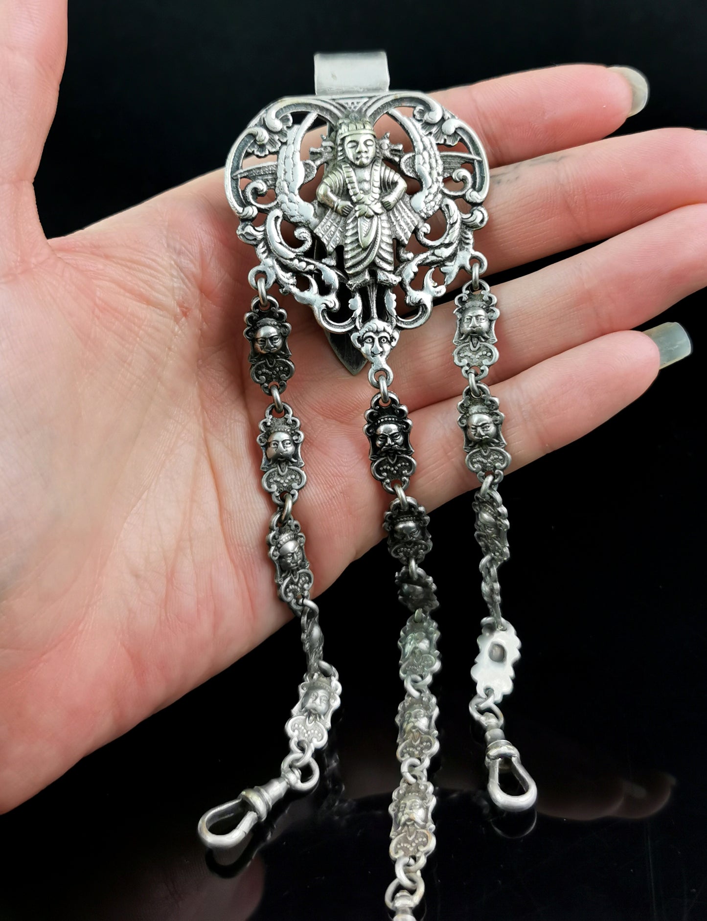 Antique silver plated chatelaine, Buddhist Deities, Victorian