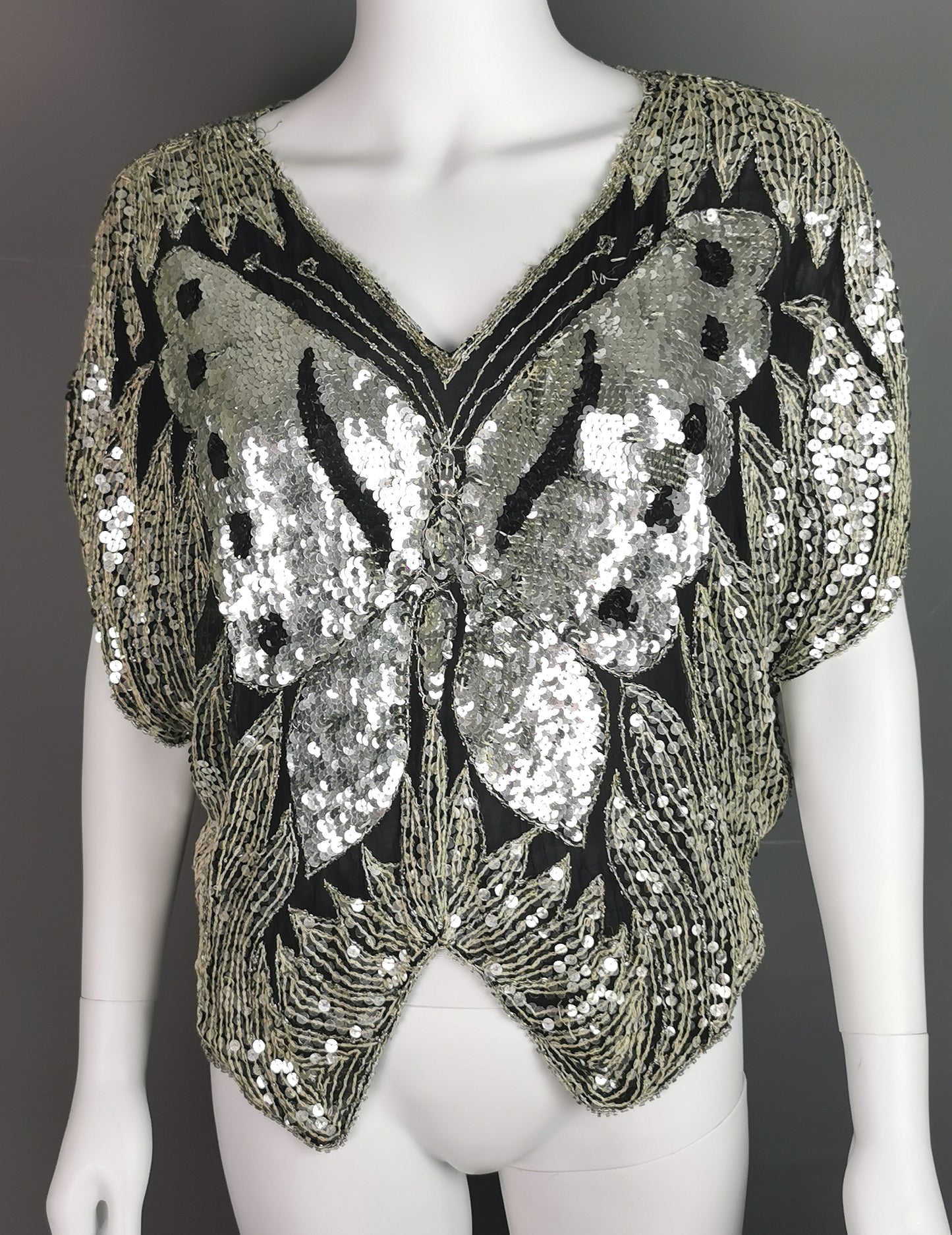 Vintage 1980s Sequin butterfly top, Silk, beadwork