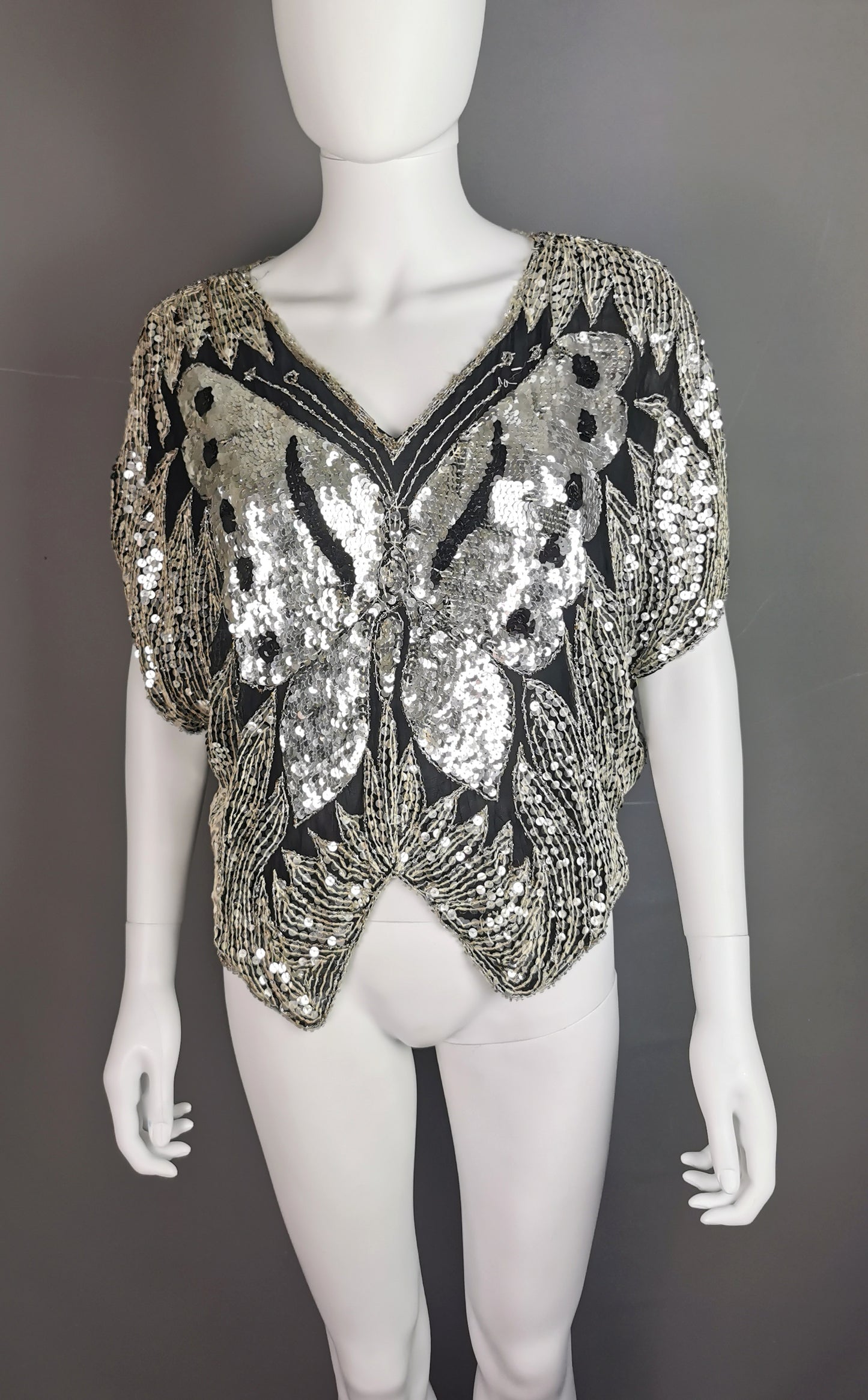 Vintage 1980s Sequin butterfly top, Silk, beadwork