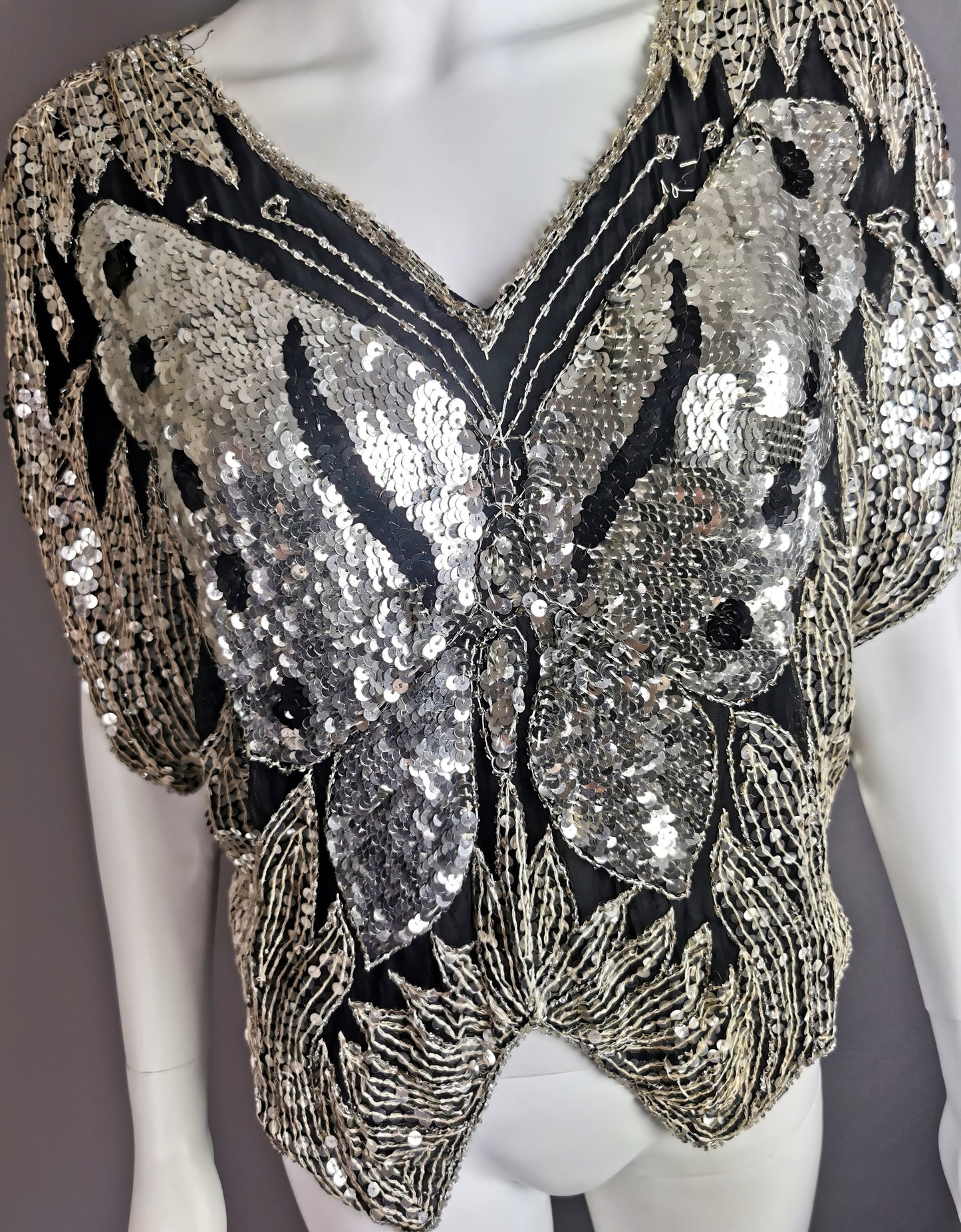 Vintage 1980s Sequin butterfly top, Silk, beadwork