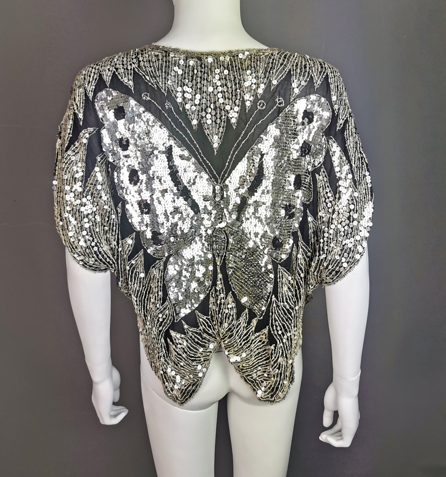 Vintage 1980s Sequin butterfly top, Silk, beadwork